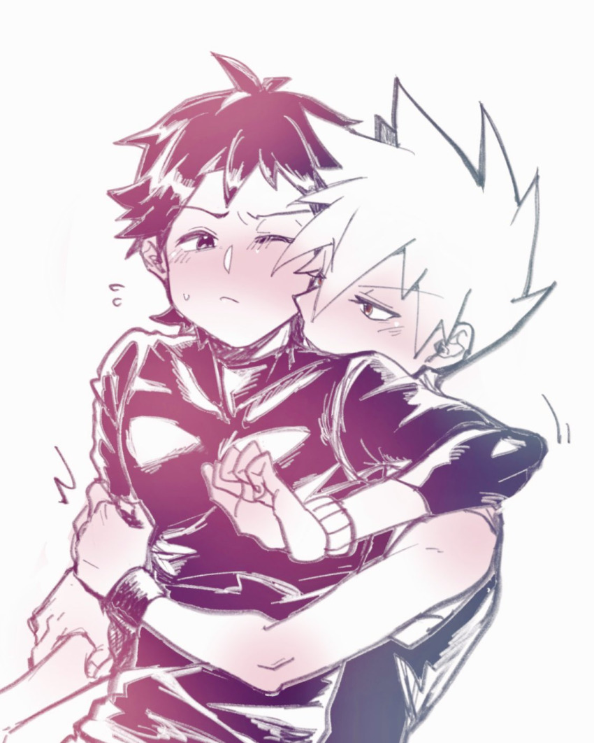 2boys, blue_oak, blush, ca_pkmn, highres, hug, multiple_boys, one_eye_closed
