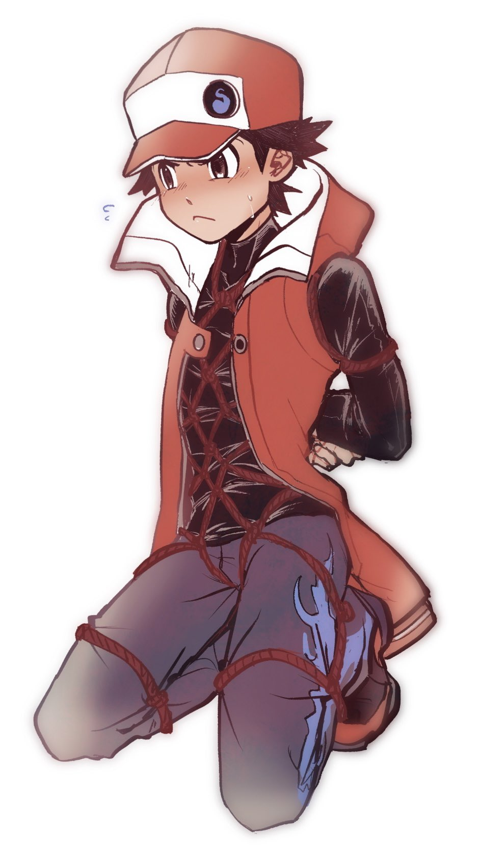 1boy, baseball_cap, bdsm, black_hair, blush, brown_eyes, ca_pkmn, hat