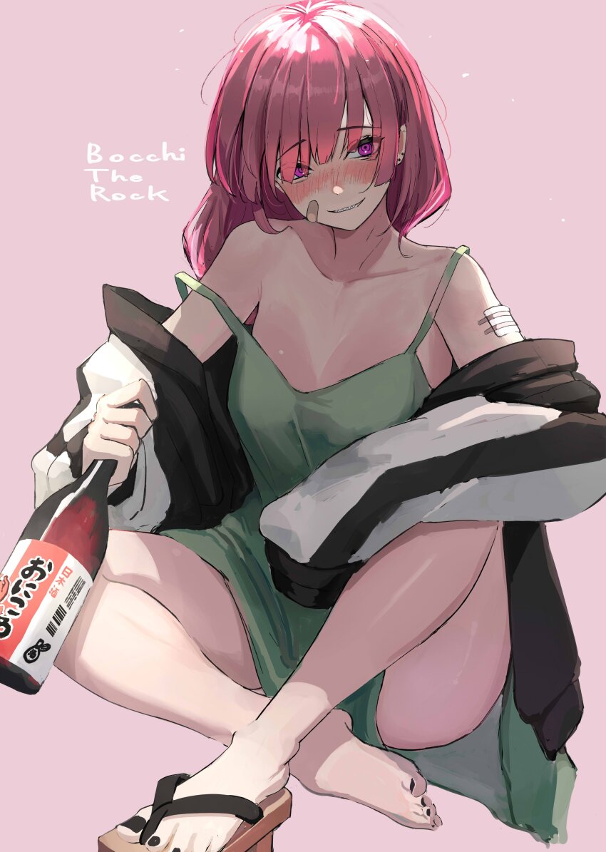 1girl, absurdres, alcohol, aster_drawing, bandaid, bandaid_on_arm, bandaid_on_face, bare_shoulders, black_jacket, black_nails, blunt_bangs, blush, bocchi_the_rock!, bottle, breasts, copyright_name, crossed_legs, dress, full_body, geta, green_dress, highres, hiroi_kikuri, holding, holding_bottle, jacket, long_hair, long_sleeves, looking_at_viewer, medium_breasts, medium_dress, open_clothes, open_jacket, pink_background, purple_eyes, purple_hair, sake, simple_background, sitting, smile, solo, strap_slip, white_jacket