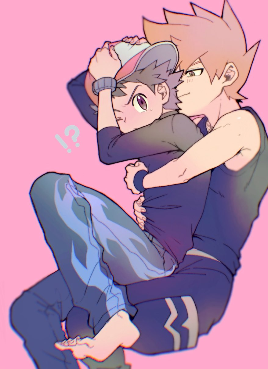 2boys, armpits, blue_oak, blue_oak_(sygna_suit), blush, ca_pkmn, highres, hug