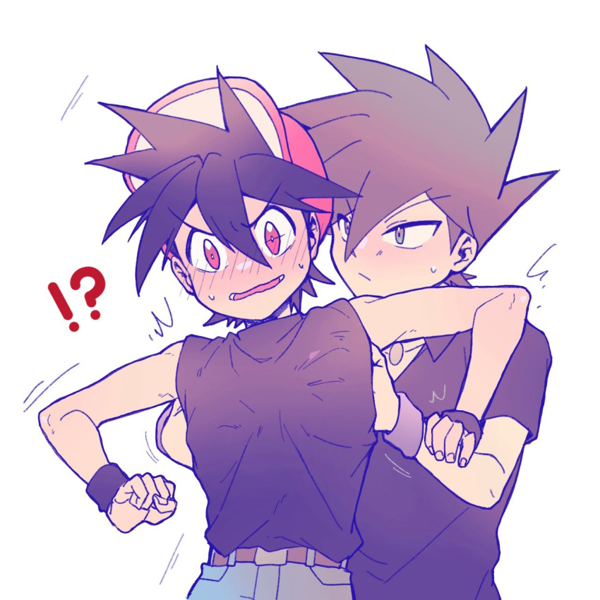 2boys, blue_eyes, blue_oak, blush, brown_hair, ca_pkmn, groping, highres, md5_mismatch, multiple_boys, nintendo, pokemon, pokemon_adventures, red_(pokemon), red_eyes, sleeveless, surprised, yaoi