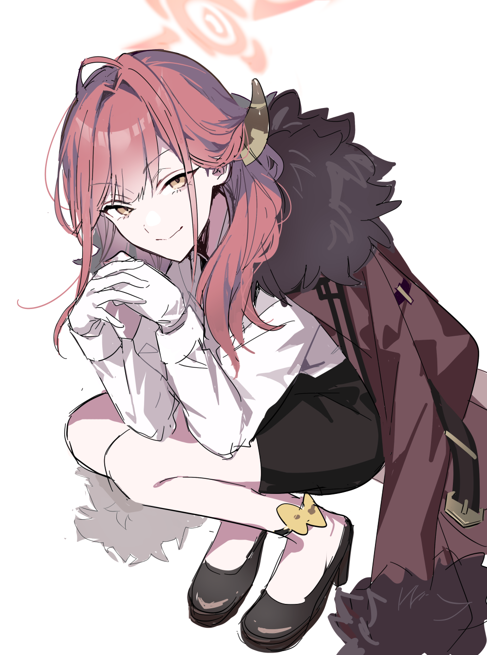 1girl, aru_(blue_archive), blue_archive, brown_hair, coat, coat_on_shoulders, commentary_request, fur_trim