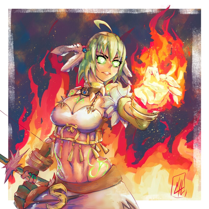 1girl, absurdres, ahoge, body_writing, bow, bracelet, breasts, cleavage