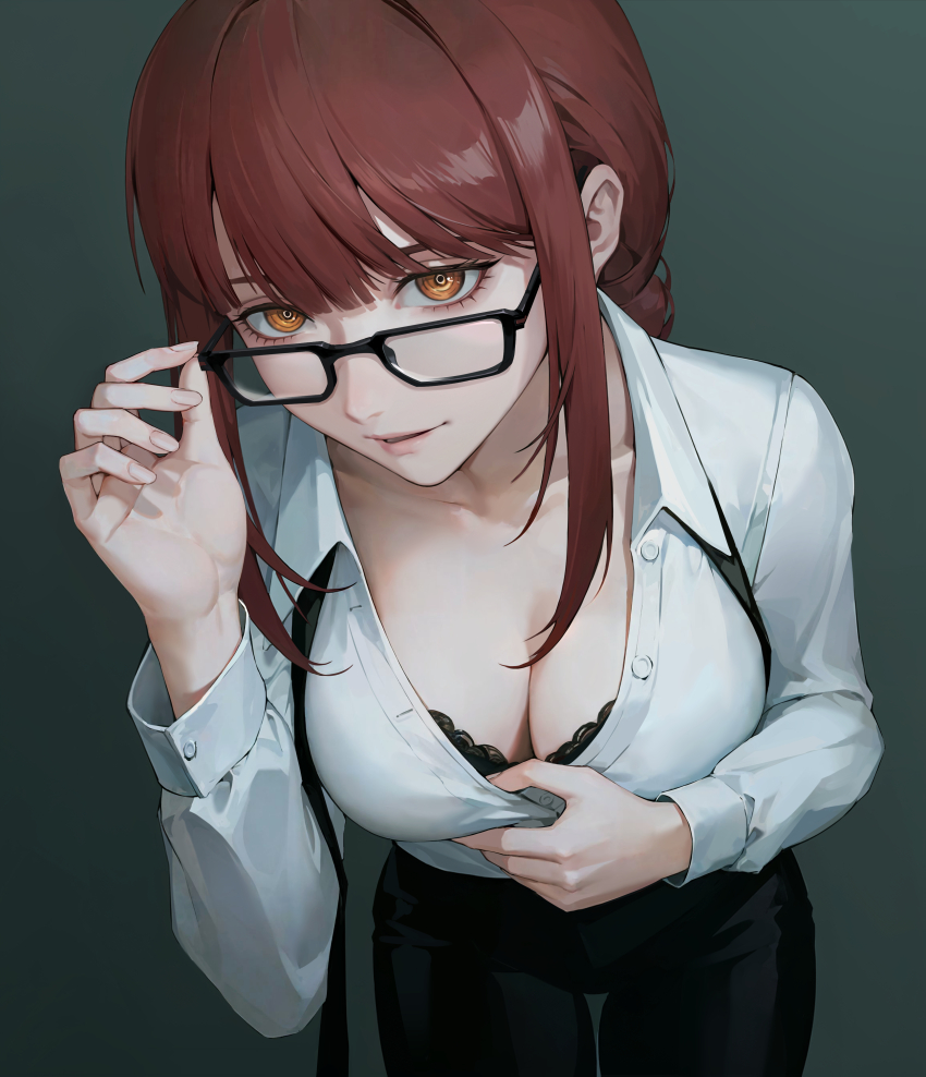 1girl, absurdres, bespectacled, black-framed_eyewear, black_bra, black_pants, bra, bra_peek, braid, braided_ponytail, breasts, buttoned_cuffs, buttons, chainsaw_man, cleavage, clothes_pull, collared_shirt, commentary, cowboy_shot, fingernails, glasses, grey_background, hair_between_eyes, highres, iamc95, lace, lace-trimmed_bra, lace_trim, long_hair, long_sleeves, looking_at_viewer, looking_over_eyewear, makima_(chainsaw_man), medium_breasts, pants, parted_lips, partially_unbuttoned, pink_lips, rectangular_eyewear, red_hair, ringed_eyes, shirt, shirt_pull, sidelocks, simple_background, solo, underwear, white_shirt, yellow_eyes