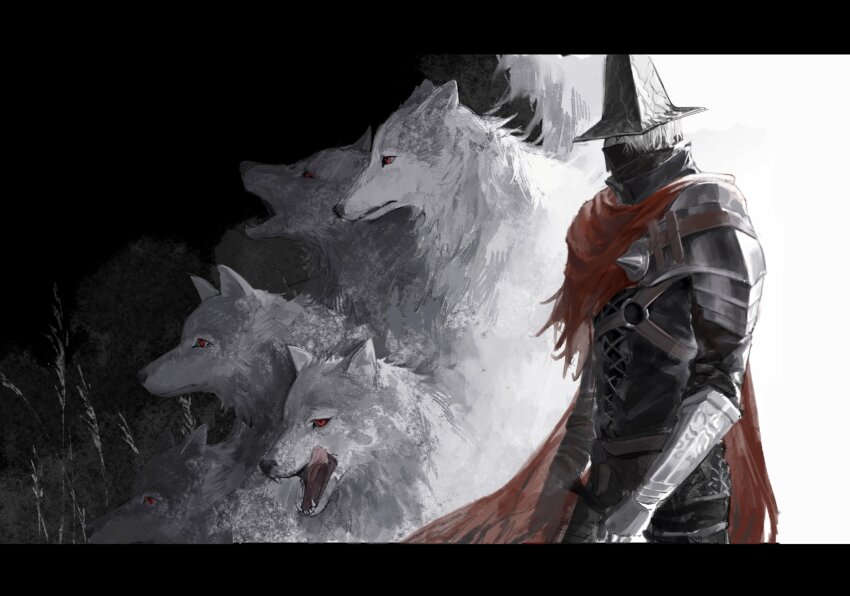 1boy, abyss_watcher, armor, black_background, cape, cowboy_shot, dark_souls_(series), dark_souls_iii, fangs, from_side, grey_hair, helmet, highres, male_focus, open_mouth, pauldrons, qi_dongye_yu, red_cape, red_eyes, short_hair, shoulder_armor, shoulder_plates, solo, standing, teeth, torn_cape, torn_clothes, wheat, white_background, wolf