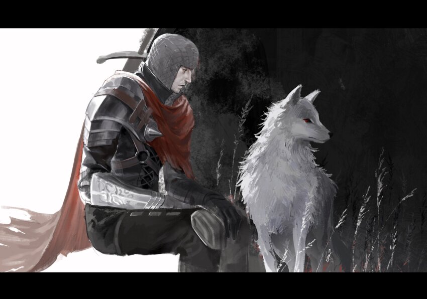 1boy, animal, armor, black_background, black_gloves, black_pants, dark_souls_(series), dark_souls_iii