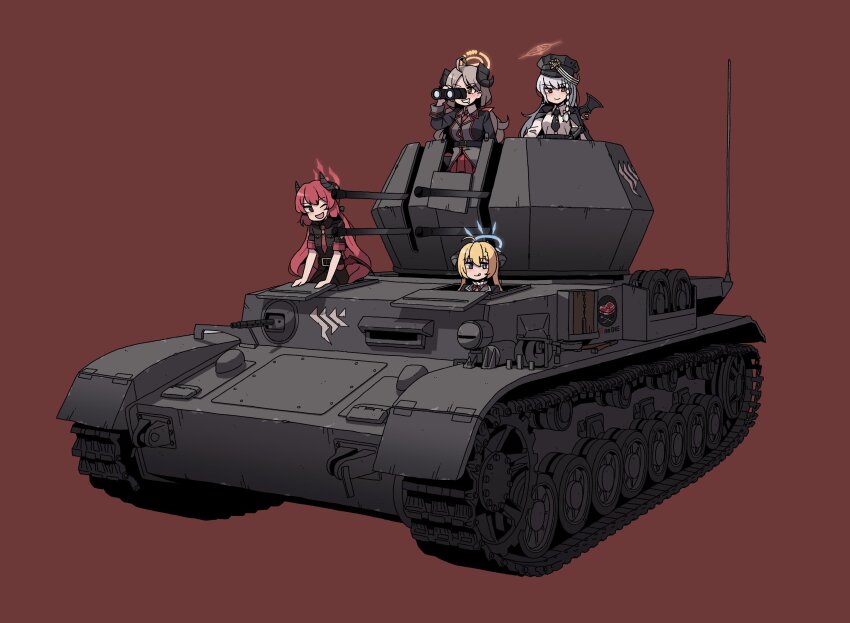 4girls, akari_(blue_archive), anti-aircraft, anti-aircraft_gun, binoculars, blue_archive, commission, demon_girl