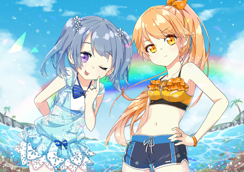 >:(, 2girls, :p, ;p, absurdres, arm_at_side, arm_behind_back, bikini, bikini_shorts, blue_bow, blue_bowtie, blue_hair, blue_shirt, blue_shorts, blue_sky, bow, bowtie, bracelet, closed_mouth, cloud, coral, cowboy_shot, finger_to_cheek, fish, flower, frilled_bikini, frilled_shorts, frills, frown, hair_flower, hair_ornament, hair_ribbon, hand_on_own_hip, highres, jewelry, kasane_ao, kasane_ao_(swimsuit_costume), kirari_hikaru, kirari_hikaru_(swimsuit_costume), long_hair, magia_record:_mahou_shoujo_madoka_magica_gaiden, mahou_shoujo_madoka_magica, medium_hair, megitti, multiple_girls, navel, official_alternate_costume, one_eye_closed, orange_hair, orange_ribbon, outdoors, ponytail, purple_eyes, rainbow, ribbon, ring, see-through_clothes, see-through_shirt, shirt, short_shorts, shorts, sidelocks, sky, sleeveless, sleeveless_shirt, striped_bow, striped_bowtie, striped_clothes, swept_bangs, swimsuit, tongue, tongue_out, twintails, v-shaped_eyebrows, very_long_hair, water, white_bikini, white_shorts, yellow_bikini, yellow_eyes, zipper_bikini