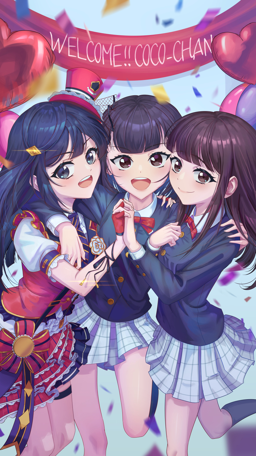 3girls, absurdres, balloon, black_eyes, black_hair, blunt_bangs, brown_eyes, brown_hair