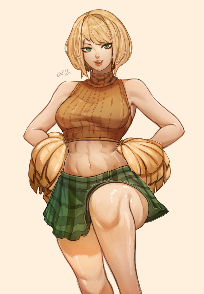 1girl, abs, absurdres, ashley_graham, blonde_hair, gelldraws, green_eyes, hands_on_own_hips