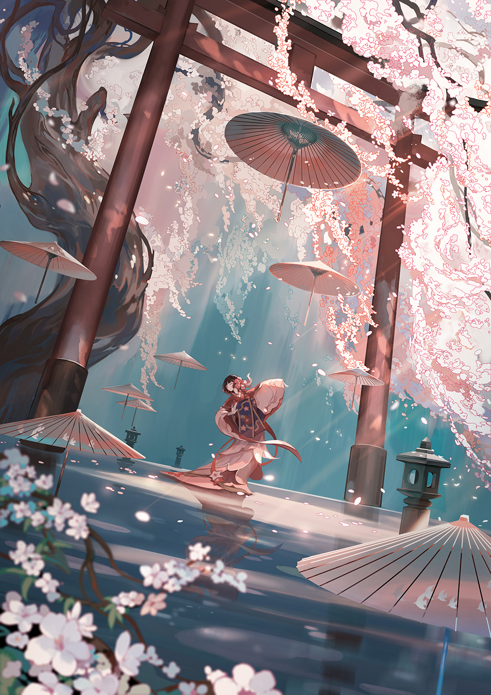 1girl, blurry, brown_hair, cherry_blossoms, closed_eyes, dancing, day, depth_of_field, facing_to_the_side, floating, floating_object, flower, hair_flower, hair_ornament, han_yijie, highres, japanese_clothes, kimono, long_sleeves, nature, obi, oil-paper_umbrella, onmyoji, onmyoji:_the_card_game, outdoors, outstretched_arms, petals, pink_flower, red_kimono, reflection, reflective_liquid, sakura_no_sei_(onmyoji), sash, short_hair, sleeves_past_wrists, solo, standing, stone_lantern, torii, umbrella, wide_shot, wide_sleeves