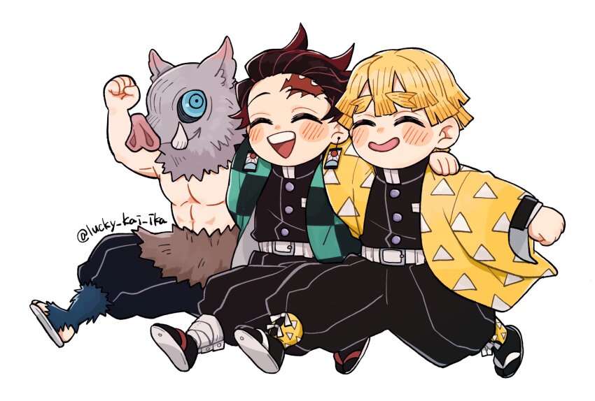 3boys, :d, ^_^, agatsuma_zenitsu, belt, blonde_hair, blush, boar_mask