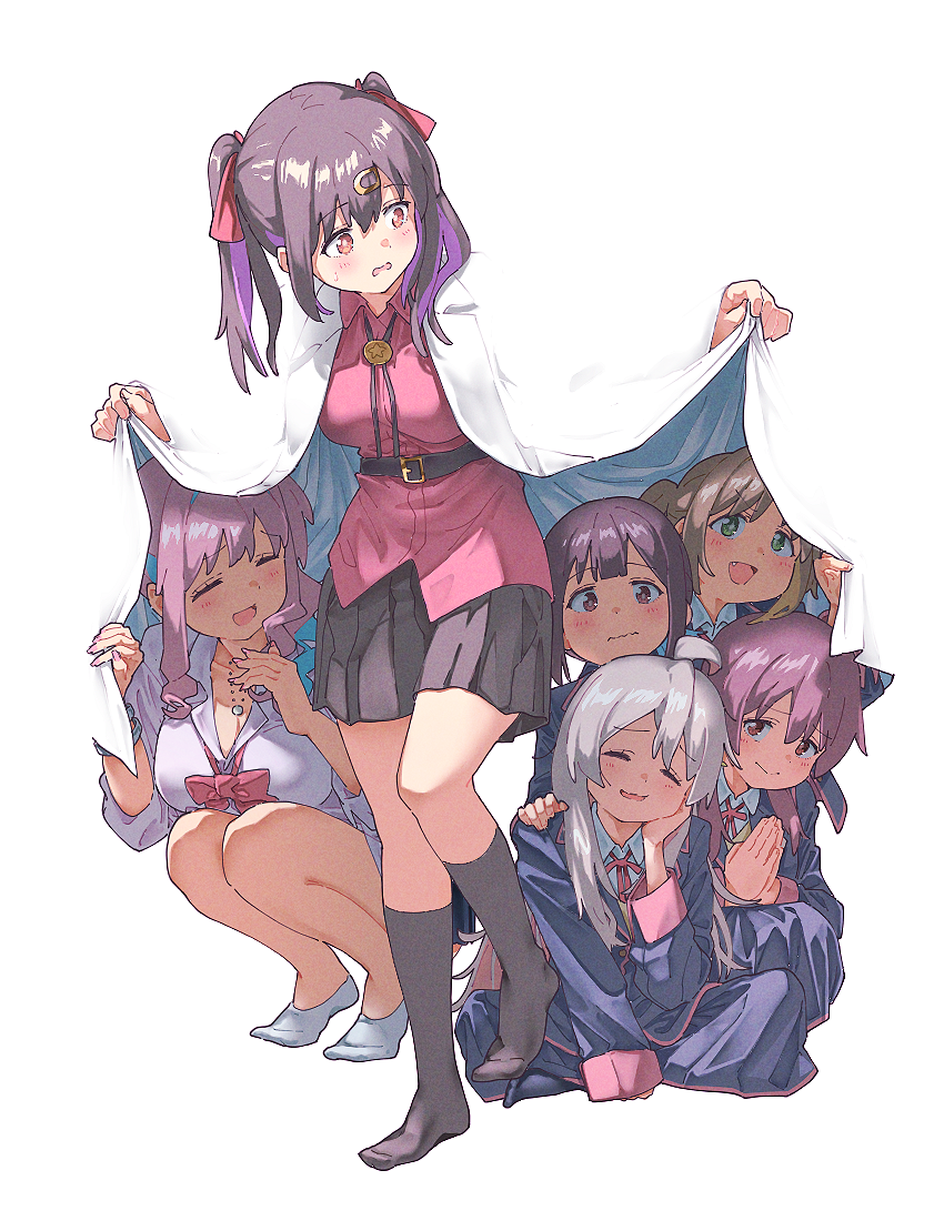 6+girls, :d, ahoge, belt, black_belt, black_hair, black_jacket, black_skirt