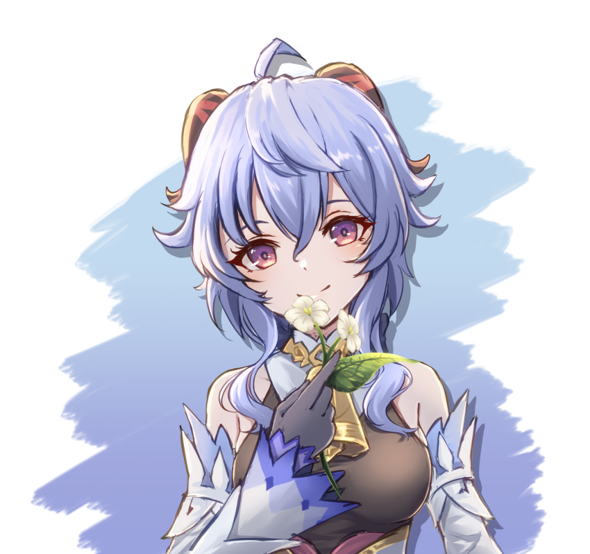 1girl, ahoge, bare_shoulders, bell, blue_background, blue_hair, breasts, closed_mouth