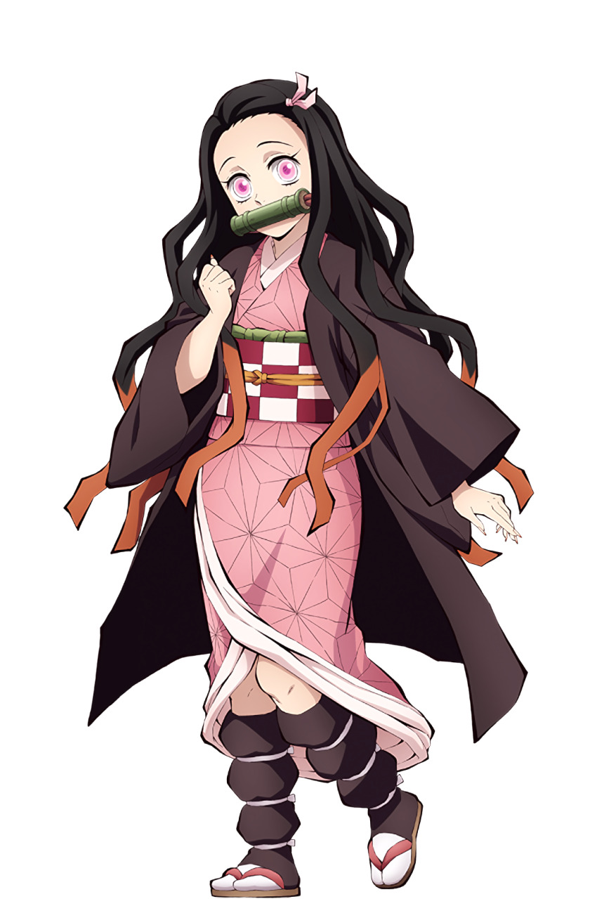 1girl, bit_gag, black_hair, dt501061, fire, floating_hair, gag, haori, highres, huge_filesize, japanese_clothes, kamado_nezuko, kimetsu_no_yaiba, kimono, long_hair, looking_at_viewer, multicolored_hair, nail_polish, obi, official_art, orange_hair, pink_eyes, pink_kimono, pink_nails, print_kimono, sash, simple_background, solo, tabi, very_long_hair, white_background, white_legwear