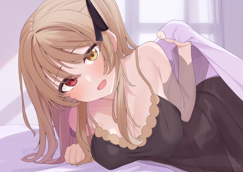 1girl, absurdres, armpit_crease, assault_lily, bare_shoulders, bed_invitation, black_ribbon, breasts