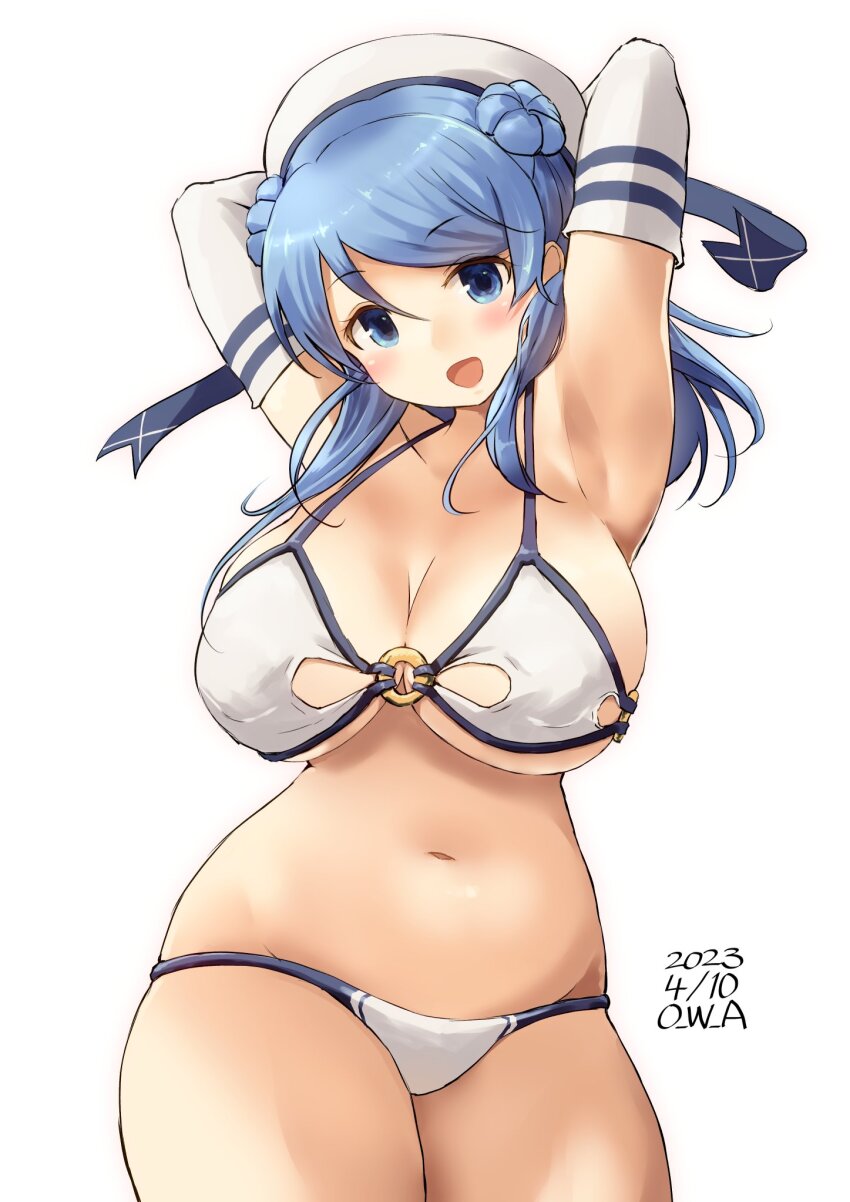 1girl, alternate_breast_size, artist_name, bikini, blue_eyes, blue_hair, blush, breasts