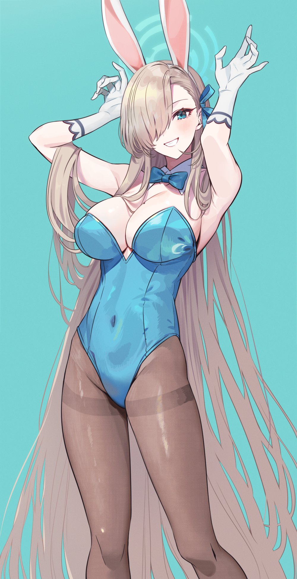 1girl, animal_ears, aqua_background, armpits, arms_up, asuna_(blue_archive), asuna_(bunny)_(blue_archive), blue_archive