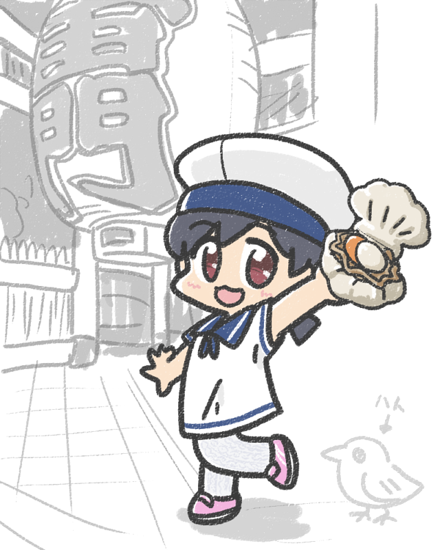 1girl, :3, black_hair, brown_eyes, dress, ferret-san, food, hat