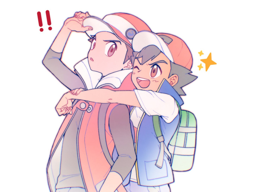 2boys, ash_ketchum, backpack, bag, brown_eyes, ca_pkmn, hat, hat_tip