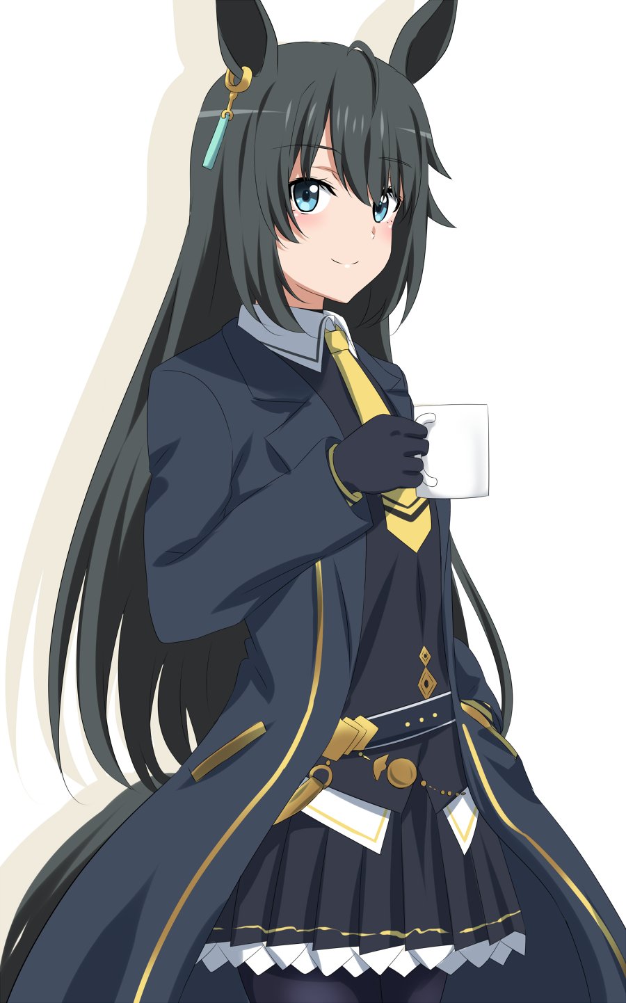 1girl, ahoge, animal_ears, black_coat, black_gloves, black_hair, blue_eyes, closed_mouth