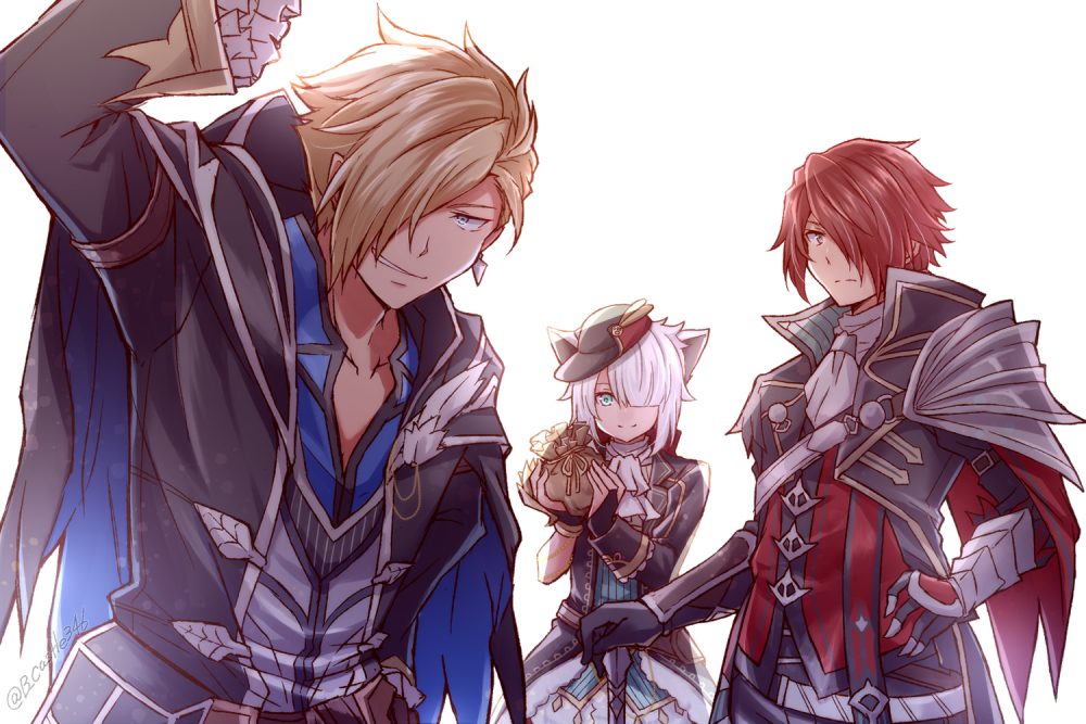 1girl, 2boys, adol_christin, animal_ears, arm_up, armor, asymmetrical_gloves, black_gloves