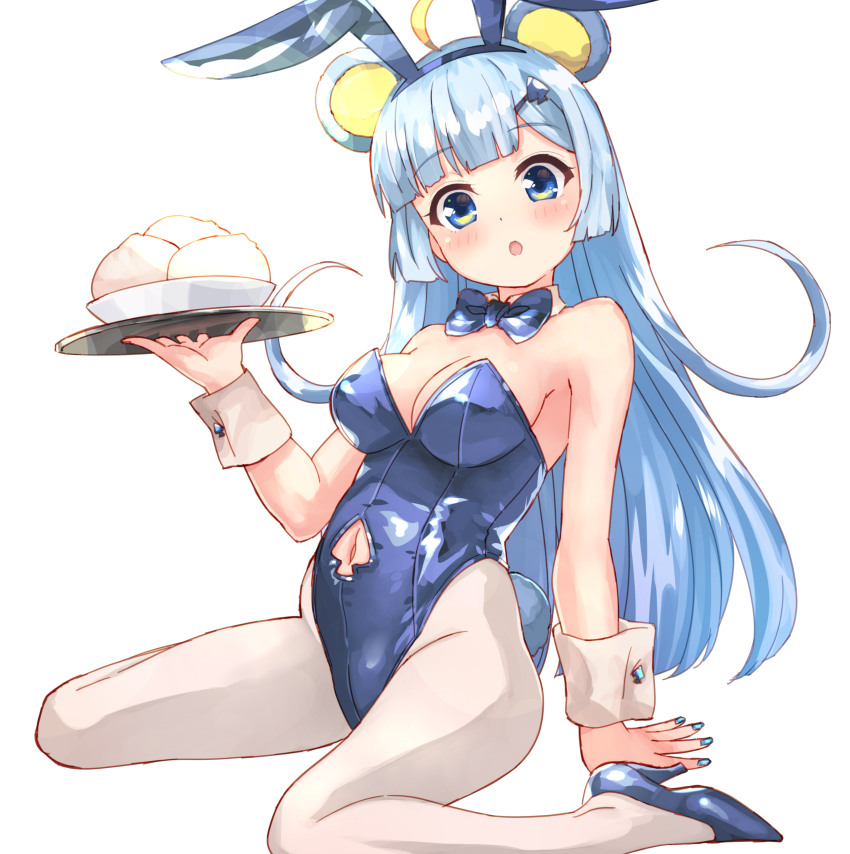 1girl, :o, absurdres, animal_ears, arm_support, blue_bow, blue_bowtie, blue_eyes, blue_hair, blue_hairband, blue_nails, blue_shoes, blue_theme, blush, bow, bowtie, breasts, cleavage, clothing_cutout, fake_animal_ears, food, grey_pantyhose, groin, hair_ornament, hairband, hairclip, head_tilt, high_heels, highres, holding, holding_tray, leotard, long_hair, looking_at_viewer, medium_breasts, nail_polish, navel, navel_cutout, nyama, pantyhose, parted_lips, playboy_bunny, rabbit_ears, rabbit_tail, shoes, show_by_rock!!, simple_background, sitting, solo, spade_cutout, spade_hair_ornament, steamed_bun, strapless, strapless_leotard, tail, tray, tsukino_(show_by_rock!!), very_long_hair, wariza, white_background, wrist_cuffs