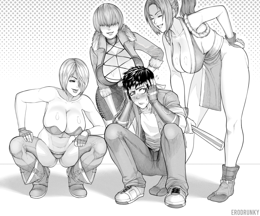 1boy, 3girls, abs, angel_(kof), arm_guards, backless_pants, boots, bra, breasts, brown_hair, chaps, cleavage, covering_own_ears, cowboy_boots, erodrunky, fatal_fury, fingerless_gloves, folding_fan, gloves, hair_over_one_eye, hand_fan, headband, high_ponytail, highres, holding, holding_fan, jacket, japanese_clothes, large_breasts, midriff, monochrome, multiple_girls, navel, panties, pants, pelvic_curtain, ponytail, revealing_clothes, rope, school_uniform, shermie_(kof), shiranui_mai, shirt, short_hair, sideboob, smile, snk, strapless, strapless_bra, teasing, the_king_of_fighters, the_king_of_fighters_xv, toned, underwear, white_hair, white_headband, yabuki_shingo