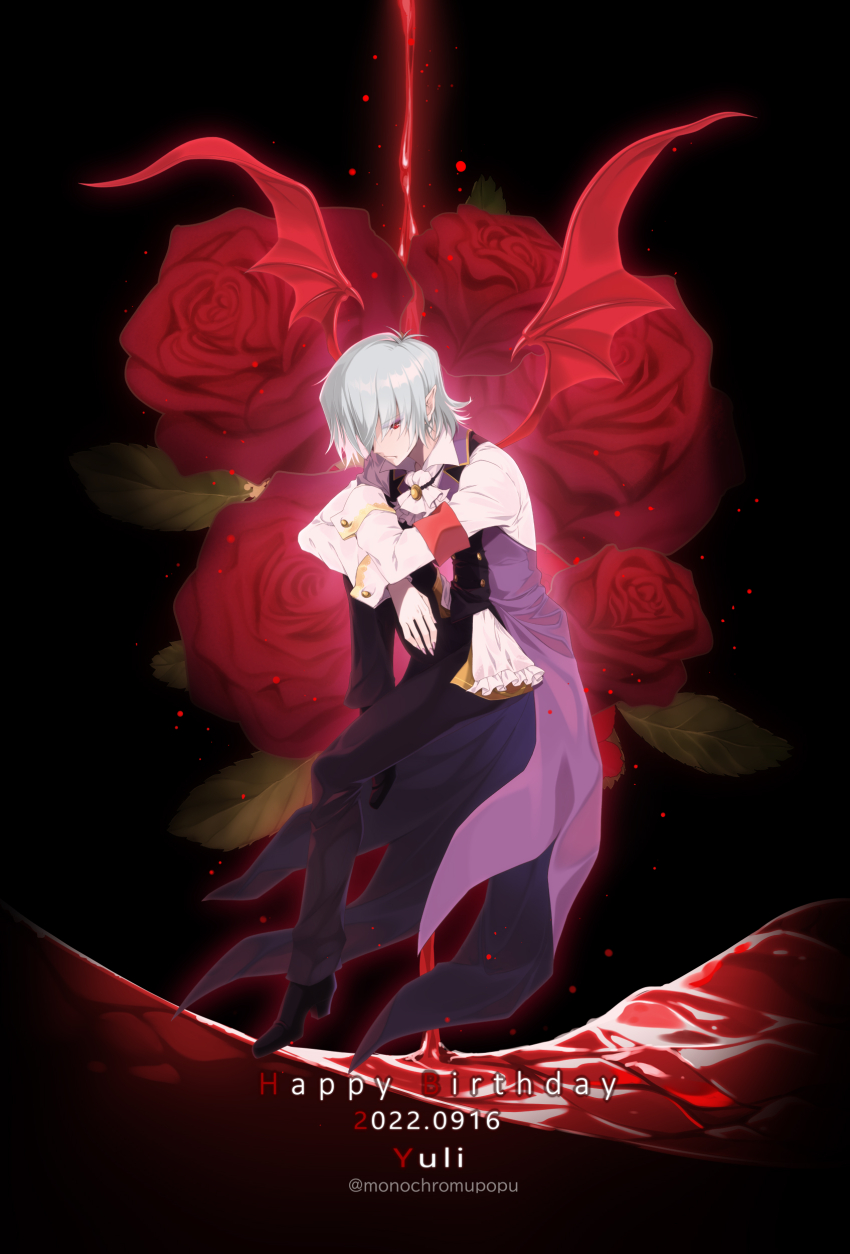 1boy, absurdres, ascot, bemani, black_footwear, black_pants, blood, blue_hair