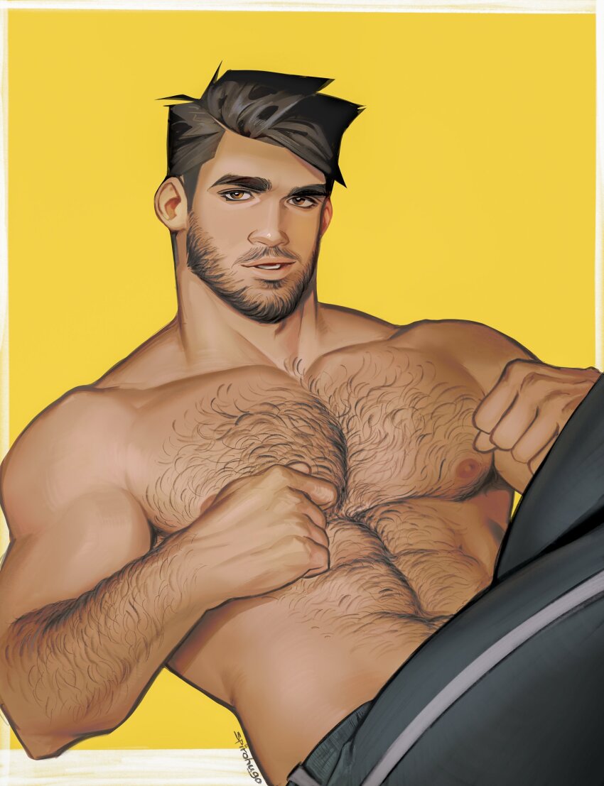 1boy, abs, absurdres, bara, black_hair, black_pants, chest_hair, facial_hair