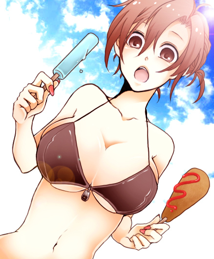 1girl, bad_id, bad_pixiv_id, bikini, bikini_top_only, breasts, brown_eyes, brown_hair