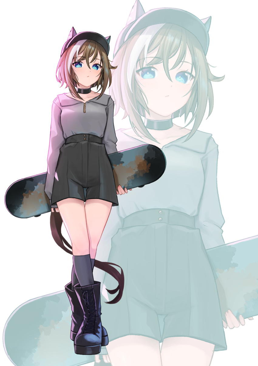 1girl, animal_ears, arms_at_sides, baseball_cap, black_boots, black_hat, black_shorts, blue_eyes, boc'z_(umamusume), boots, breasts, brown_hair, cheval_grand_(boc'z)_(umamusume), cheval_grand_(umamusume), choker, closed_mouth, grey_shirt, grey_socks, hat, highres, holding, holding_skateboard, horse_ears, horse_girl, horse_tail, katuko_deluxe, kneehighs, lace-up_boots, long_sleeves, looking_at_viewer, multicolored_hair, shirt, shirt_tucked_in, short_hair, shorts, skateboard, small_breasts, socks, solo, streaked_hair, tail, umamusume, zoom_layer