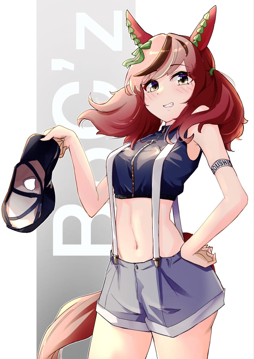 1girl, alternate_costume, animal_ears, armband, baseball_cap, black_shirt, blush, breasts