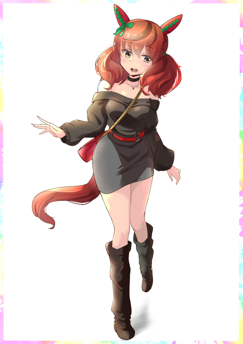 1girl, alternate_costume, animal_ears, bag, bare_shoulders, belt, black_boots, black_shirt