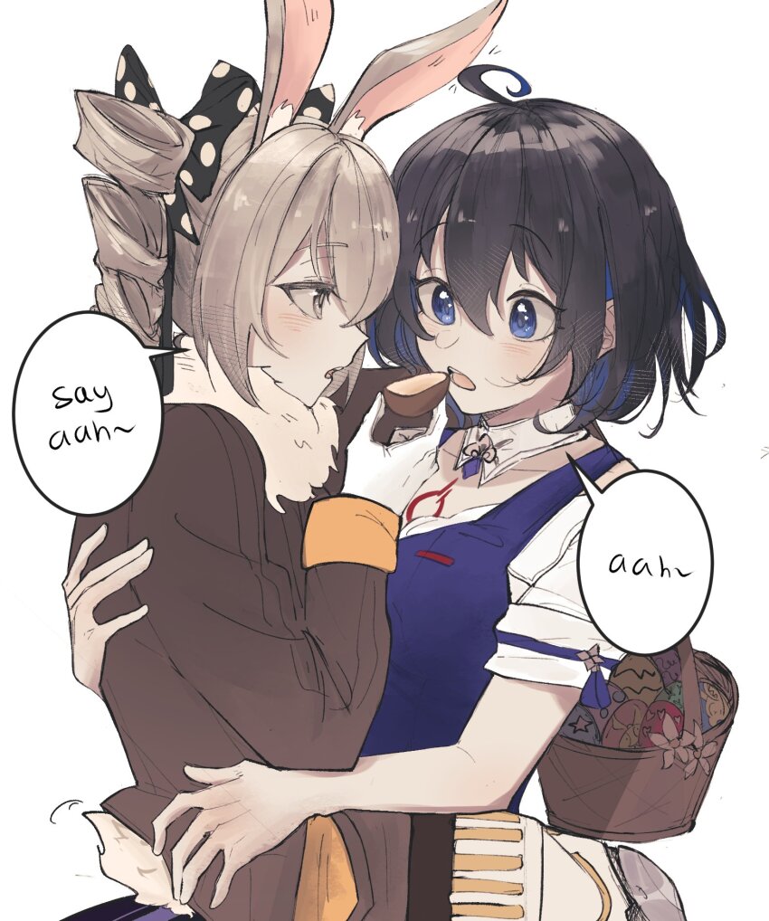 2girls, ahoge, animal_ears, basket, black_bow, blue_eyes, blue_hair, blue_vest