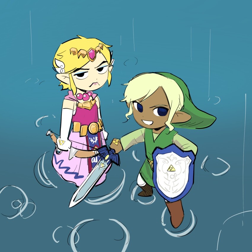 1boy, 1girl, annoyed, blonde_hair, blue_eyes, boots, bow_(weapon), brown_footwear, cosplay, costume_switch, crossdressing, dark-skinned_female, dark_skin, dress, elbow_gloves, eyeshadow, feather_hair_ornament, feathers, frown, gloves, green_tunic, hair_ornament, highres, holding, holding_bow_(weapon), holding_shield, holding_sword, holding_weapon, jewelry, jitome, link, link_(cosplay), long_sleeves, makeup, master_sword, necklace, nintendo, pink_dress, pink_lips, pointy_ears, pointy_hat, rain, ripples, senzo6700, shield, sidelocks, sword, tetra, tetra_(cosplay), the_legend_of_zelda, the_legend_of_zelda:_the_wind_waker, tiara, triforce, tunic, unamused, weapon, white_gloves, wing_hair_ornament