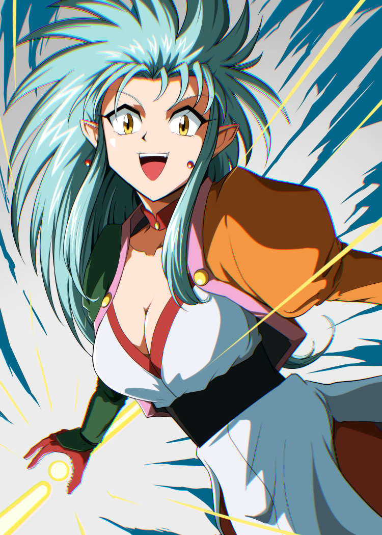 1990s_(style), 1girl, :d, blue_hair, breasts, cleavage, commentary_request, earrings