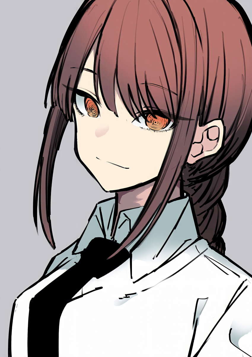 1girl, absurdres, bad_id, bad_pixiv_id, black_necktie, braid, braided_ponytail, brown_hair, chainsaw_man, closed_mouth, collared_shirt, grey_background, highres, long_hair, long_sleeves, looking_at_viewer, makima_(chainsaw_man), necktie, orange_eyes, shirt, simple_background, smile, solo, upper_body, white_shirt, yutoekaki