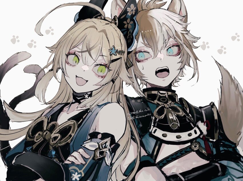 1boy, 1girl, animal_ears, armor, artist_name, black_choker, black_tank_top, blonde_hair