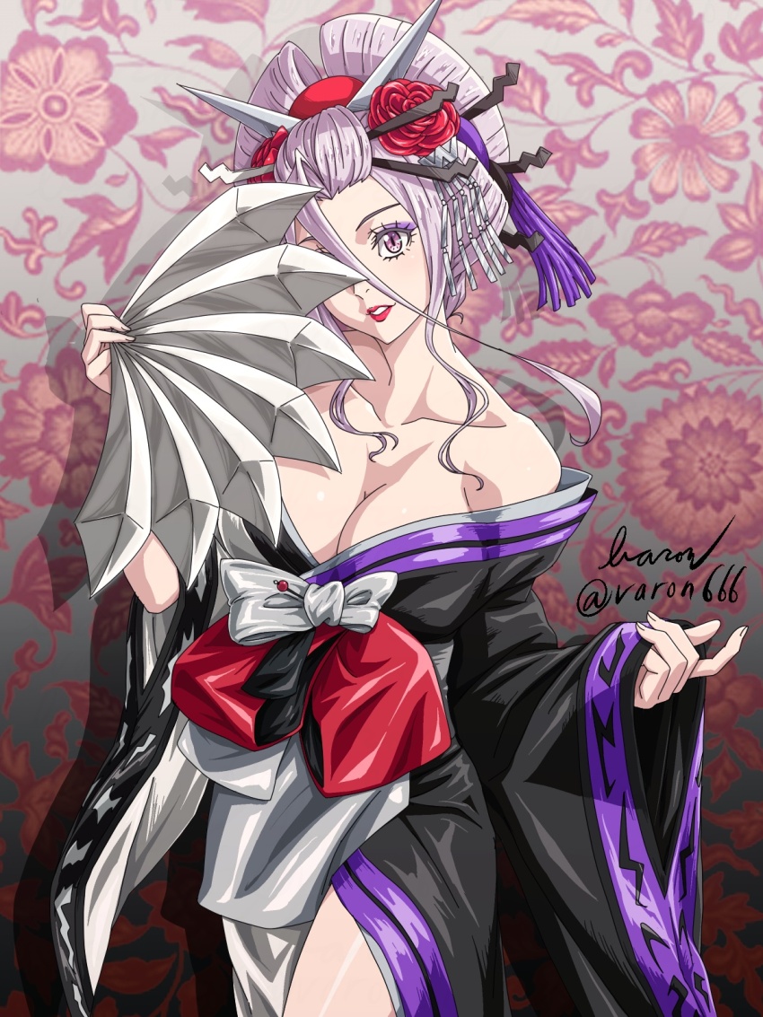1girl, bare_shoulders, baron_(varon666), breasts, cleavage, collarbone, eyeshadow, fan, fuuto_tantei, hair_up, highres, japanese_clothes, kamen_rider, kamen_rider_double, kamen_rider_double_(fangjoker), kamen_rider_w, large_breasts, lipstick, makeup, matching_hair/eyes, purple_eyes, purple_hair, solo, tokime_(fuuto_tantei), varon