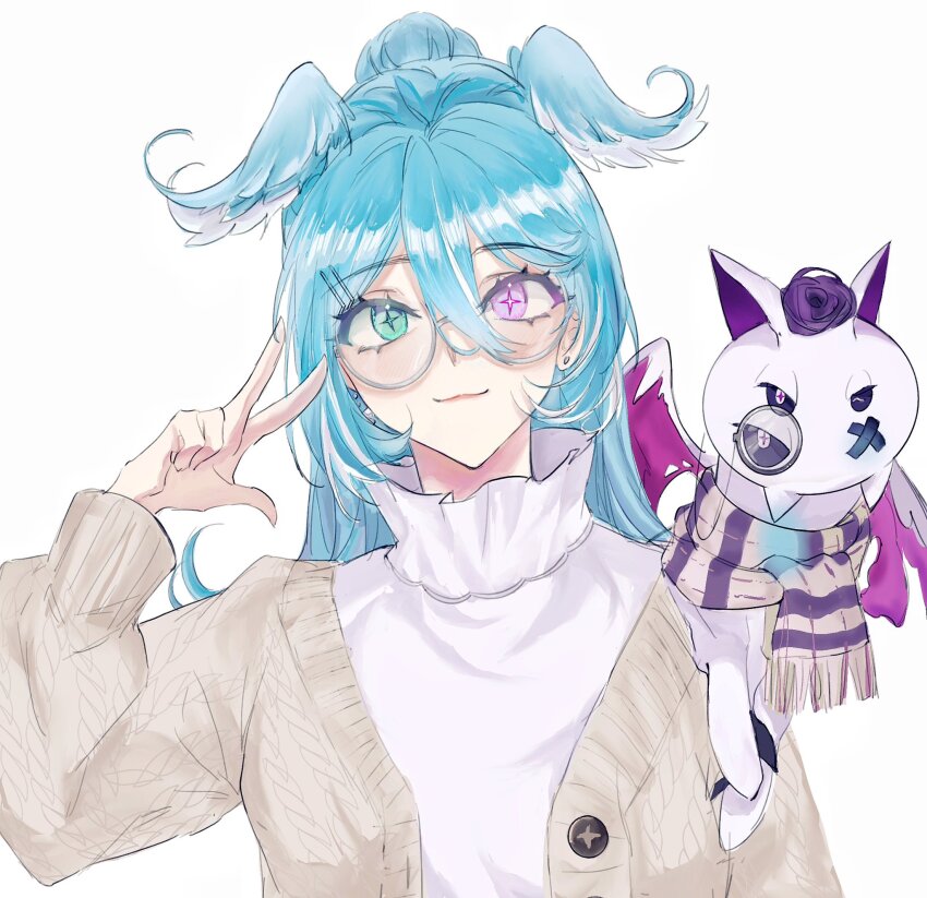 1girl, 1other, blue_eyes, blue_hair, blue_wings, brown_cardigan, butterfly_earrings, cardigan, collar, dragon, earrings, elira_pendora, elira_pendora_(3rd_costume), eyewear_strap, frilled_collar, frills, glasses, hair_between_eyes, hair_ornament, hairclip, head_wings, heterochromia, high_ponytail, highres, jewelry, long_hair, long_sleeves, looking_at_viewer, multicolored_hair, nijisanji, nijisanji_en, official_alternate_costume, official_alternate_hairstyle, pikl_(elira_pendora), ponytail, purple_eyes, round_eyewear, scarf, smile, solo, sweater, virtual_youtuber, white_background, white_hair, white_sweater, wings, xxjjww5