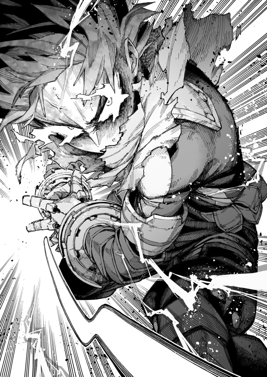 1boy, angry, arisancake, belt, belt_pouch, bodysuit, boku_no_hero_academia, cape, commentary, crosshatching, electricity, emphasis_lines, fist_in_hand, floating_cape, floating_hair, full_cowling_(boku_no_hero_academia), gloves, greyscale, hands_up, hatching_(texture), highres, leaning_forward, looking_at_viewer, looking_to_the_side, male_focus, midoriya_izuku, monochrome, official_alternate_costume, pouch, sanpaku, serious, short_hair, simple_background, solo, spoilers, squatting, sweat, torn_cape, torn_clothes, turning_head, upper_body, veins, white_background