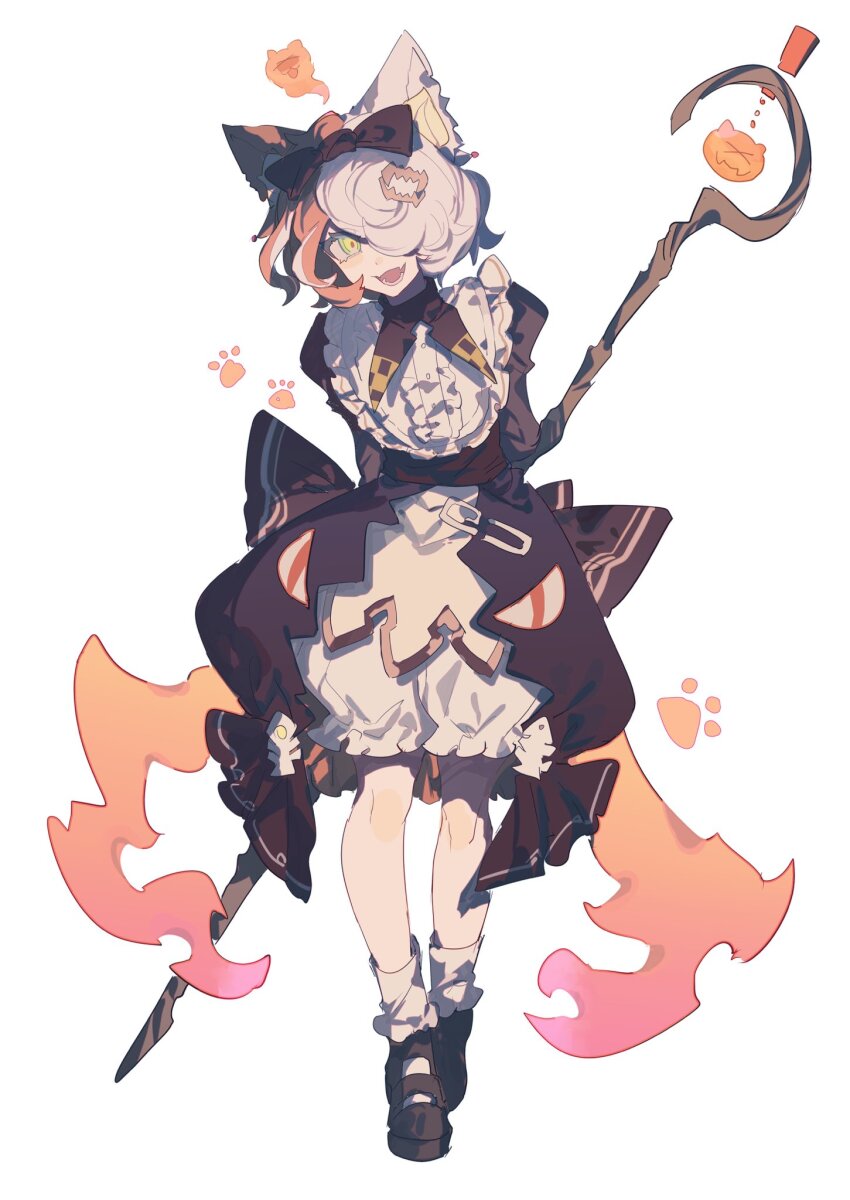 1girl, :3, animal_ears, arms_behind_back, asymmetrical_bangs, black_bow, black_shoes, bloomers