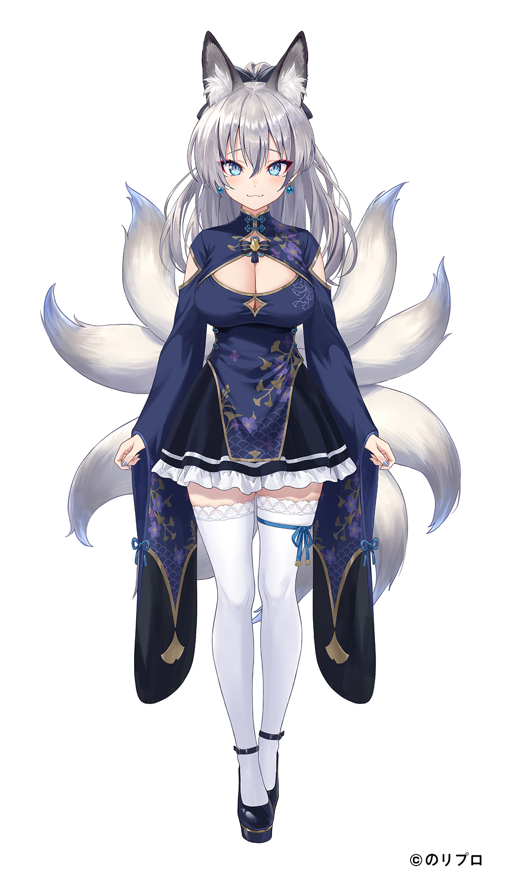 1girl, :3, animal_ear_fluff, animal_ears, black_shoes, black_skirt, blue_bow, blue_dress