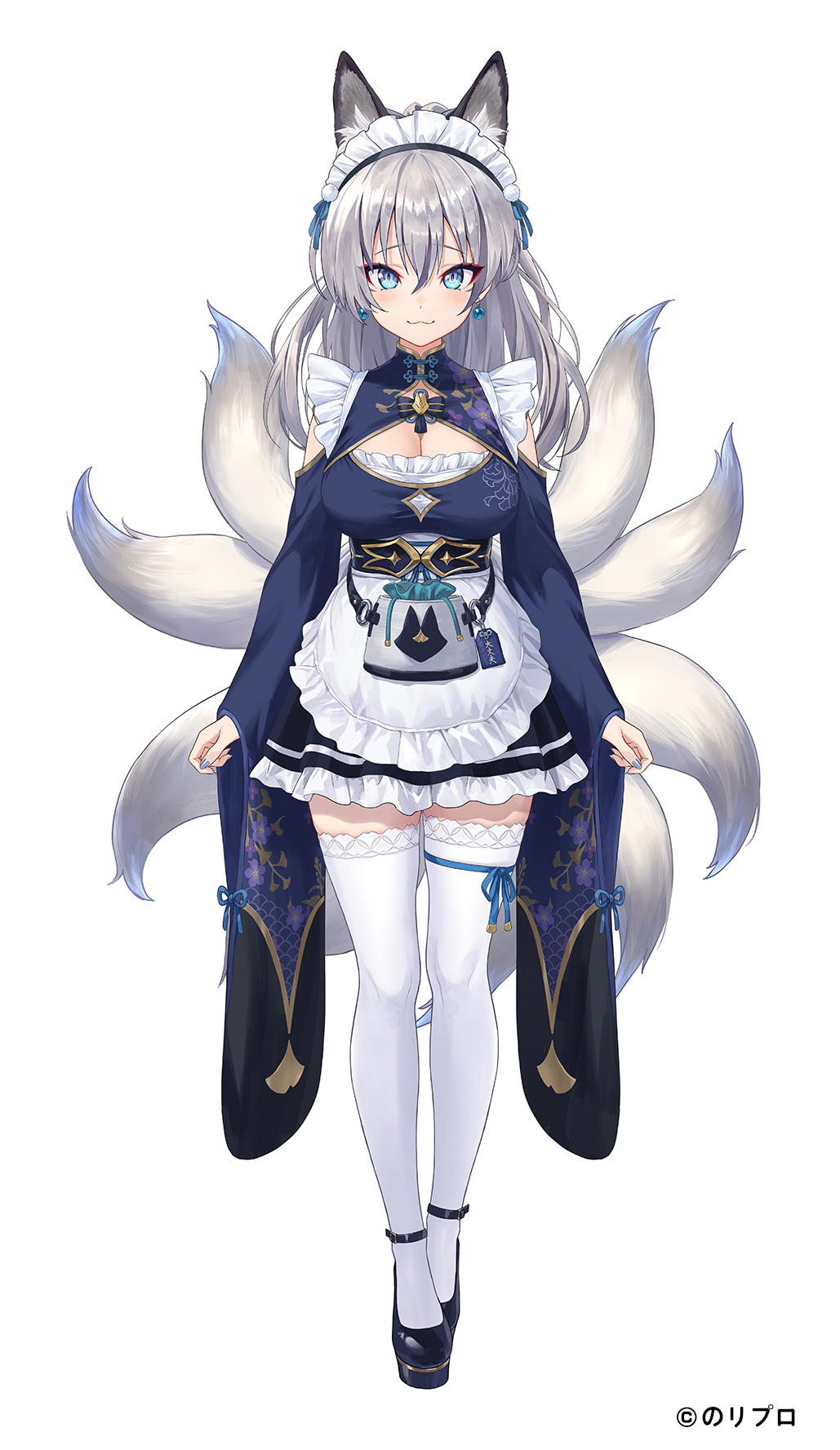 1girl, :3, animal_ear_fluff, animal_ears, apron, black_shoes, black_skirt, blue_bow