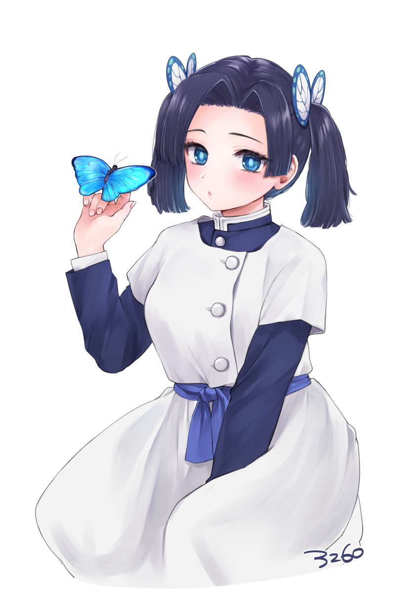 1girl, between_legs, black_hair, blue_eyes, blue_hair, blush, bug, butterfly