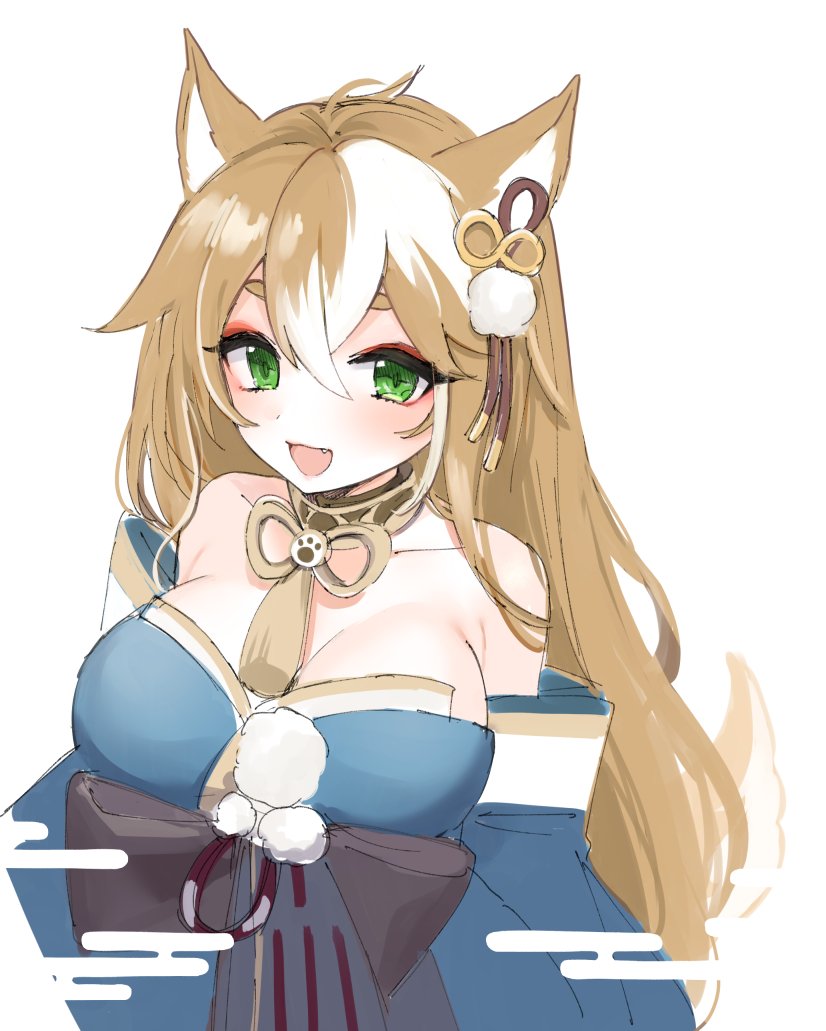 1girl, animal_ears, bare_shoulders, breasts, brown_hair, cleavage, dog_ears, dog_girl