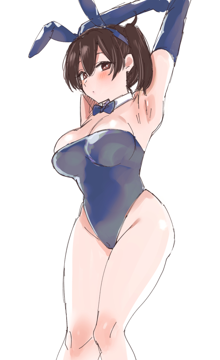 1girl, alternate_costume, animal_ears, arms_up, bare_legs, blue_bow, blue_bowtie, blue_gloves