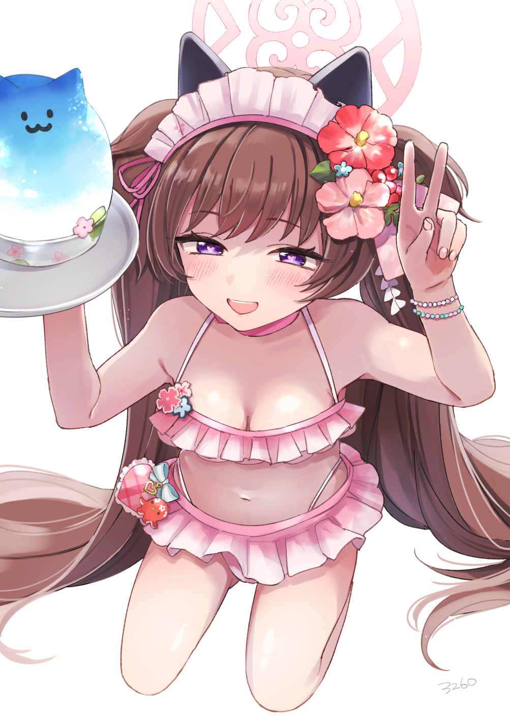 1girl, animal_ears, bikini, blue_archive, blush, bracelet, breasts, brown_hair, charm_(object), fingernails, flower, food, frilled_bikini, frills, hair_flower, hair_ornament, halo, heart, heart-shaped_pupils, highres, holding, jewelry, long_hair, looking_at_viewer, maid_headdress, medium_breasts, open_mouth, pink_flower, pink_pupils, purple_eyes, red_flower, saburou_03, shaved_ice, shizuko_(blue_archive), shizuko_(swimsuit)_(blue_archive), simple_background, solo, swimsuit, symbol-shaped_pupils, twintails, v, very_long_hair, white_background