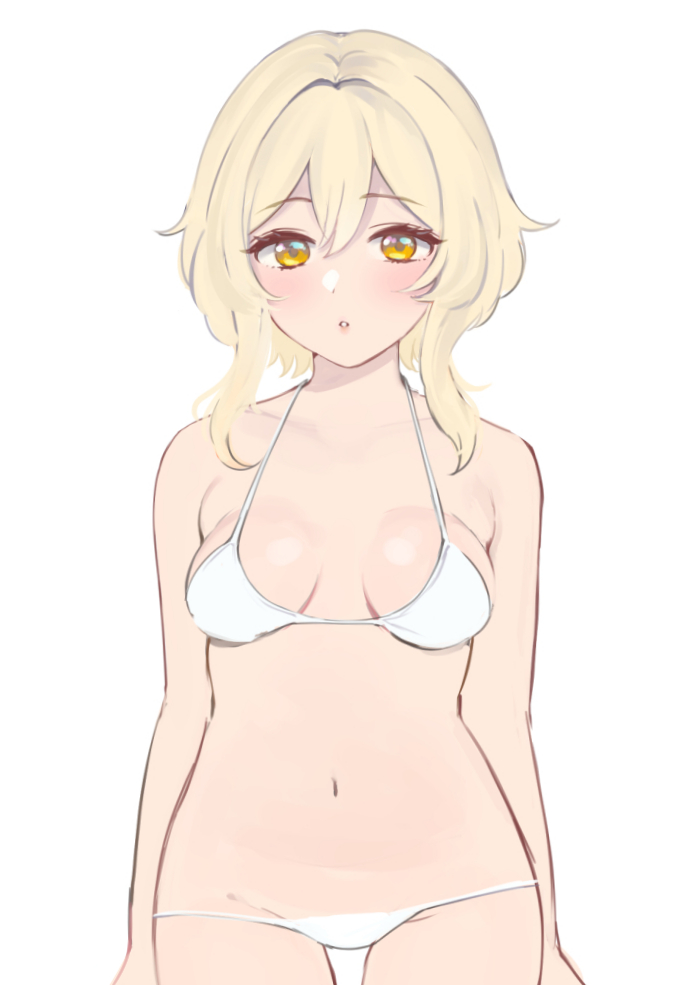 1girl, arms_at_sides, bikini, blonde_hair, blush, breasts, genshin_impact, hair_between_eyes